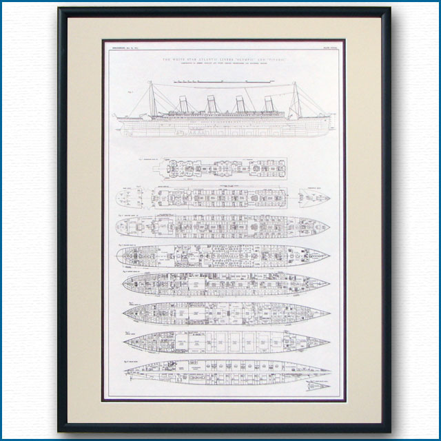 客船タイタニックの一般配置図、額入りアートポスター 2480XL
