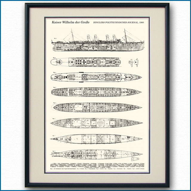 客船カイザー・ウィルヘルム・デア・グロッセの一般配置図、額入りアートポスター 2694XL