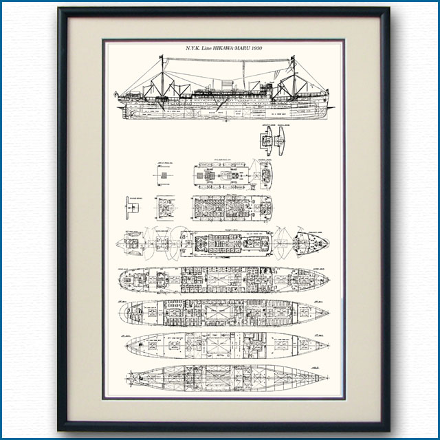 日本郵船・氷川丸の一般配置図、額入りアートポスター 2695XL