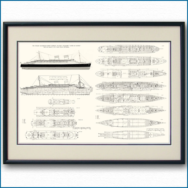 客船コンテ・ディ・サヴォアの一般配置図、額入りアートポスター 2703XL
