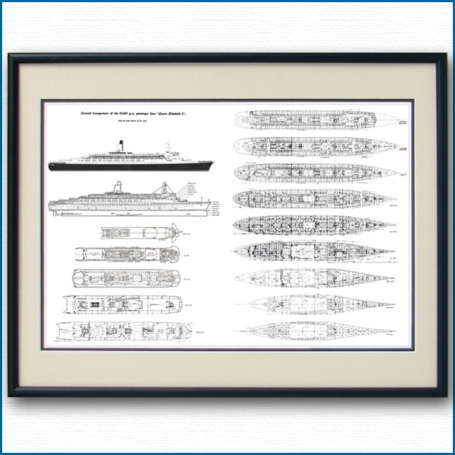 客船クイーンエリザベス2の一般配置図、額入りアートポスター 2705XL